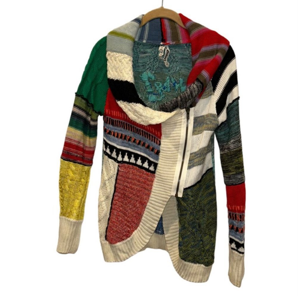 desigual "WHY?" embroidered back mixed patchwork cardigan sweater M